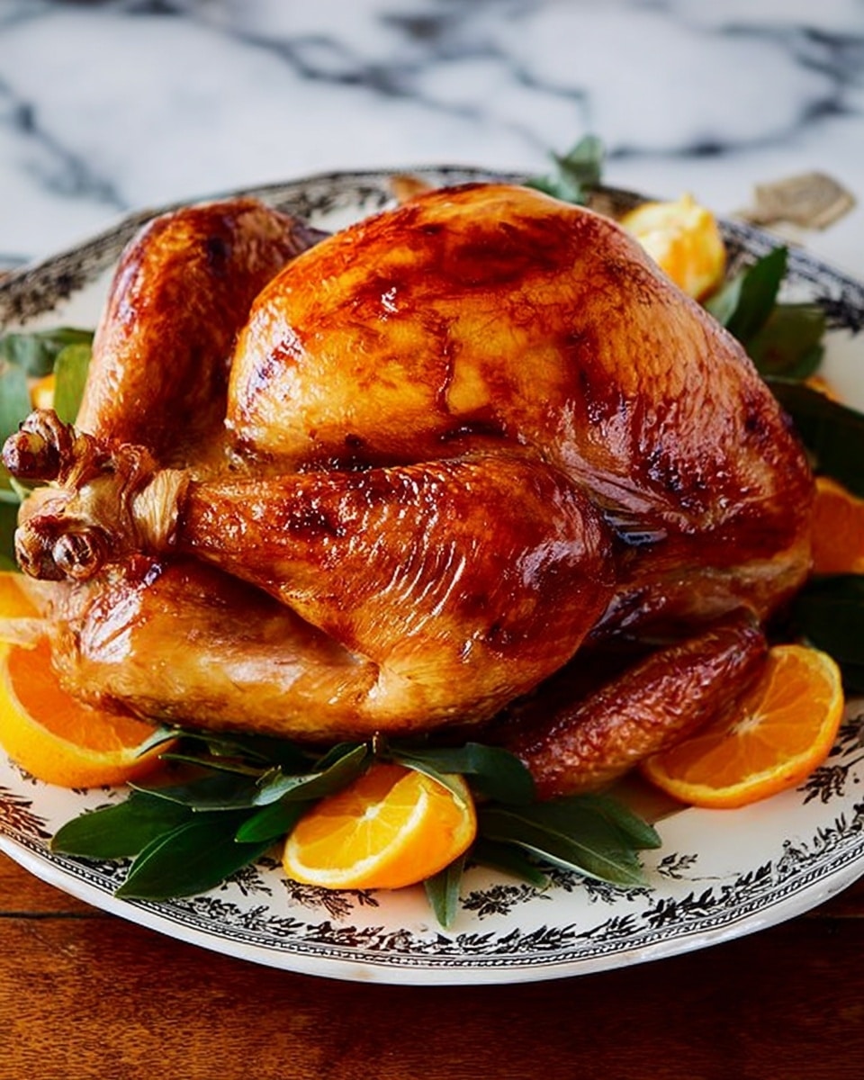 A golden brown roasted whole turkey with crispy skin is placed on a white plate decorated with green herbs and a lemon slice under the turkey. A woman's hand is seen holding a fork to steady the turkey while another person's finger guides a carving knife slicing into the thigh. The scene is set on a white marbled surface with warm, soft lighting that highlights the shiny, textured surface of the turkey skin. Photo taken with an iphone --ar 4:5 --v 7