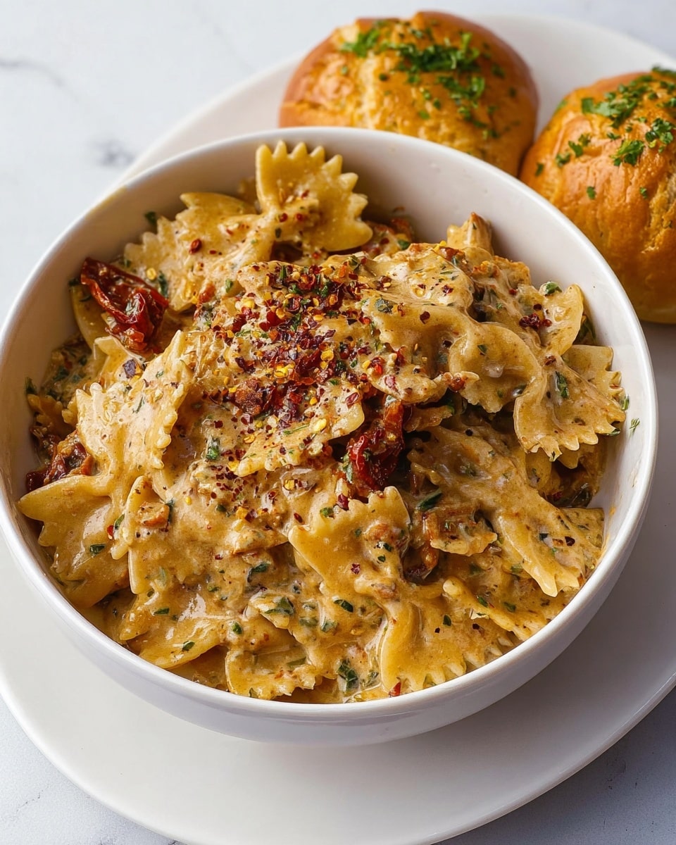 The image shows a bowl filled with creamy pasta. The pasta is shaped in short, ridged pieces with a few flat, triangular pieces mixed in. The sauce is thick and orange-yellow in color, covering the pasta evenly. There are small leaves of green herbs scattered on top and flakes of red seasoning sprinkled over the dish. The bowl is white and placed on a white marbled surface. Photo taken with an iphone --ar 4:5 --v 7