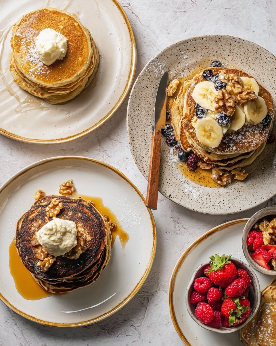 A stack of four thick dark brown pancakes sits centered on a white plate with a thin gold rim, placed on top of another larger white plate with the same rim. Each pancake is rich in texture, slightly uneven with some darker crispy edges. On top of the stack is a deep purple dollop of fruit compote with a creamy pale tan scoop of butter or fluff placed above it. Golden syrup is being poured over the top, drizzling down the sides of the pancakes and pooling on the plate below. In the background, a bowl of bright red raspberries and a wooden tray with more pancakes and a knife are visible, all set on a white marbled surface. Photo taken with an iphone --ar 4:5 --v 7