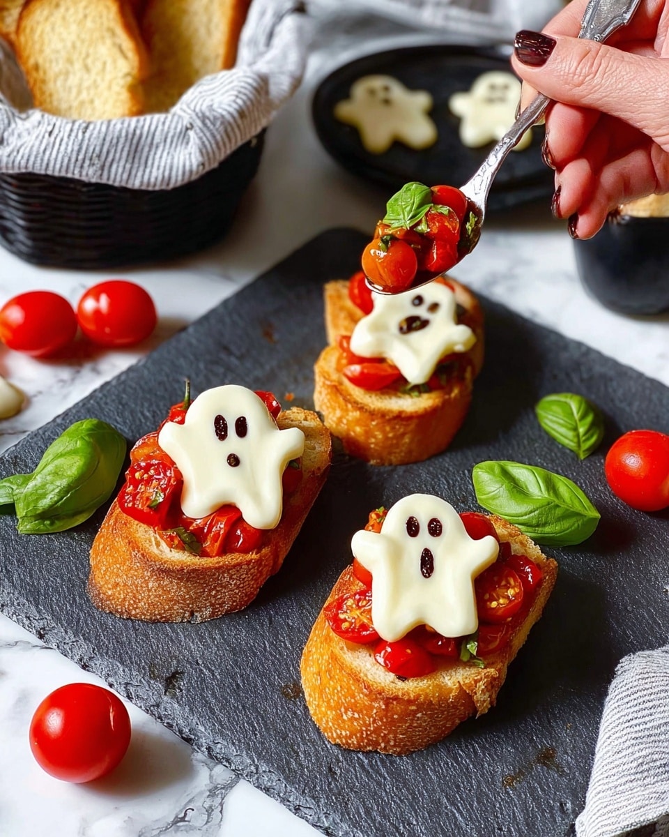 The image shows three pieces of toasted baguette on a dark grey stone serving board sitting on a white marbled surface. Each toast has three layers: the bottom layer is the golden brown toasted bread, the middle layer is a mix of shiny, bright red chopped cherry tomatoes and fresh green basil leaves, and the top layer is a white ghost-shaped slice of cheese with eyes and mouth drawn in dark sauce. Around the board are whole red cherry tomatoes and fresh basil leaves. On the right, a woman's hand holds a spoon adding more cherry tomatoes to a toast. In the background, a white basket with toasted bread slices and a small black bowl of additional ghost-shaped cheese slices are visible. Photo taken with an iphone --ar 4:5 --v 7