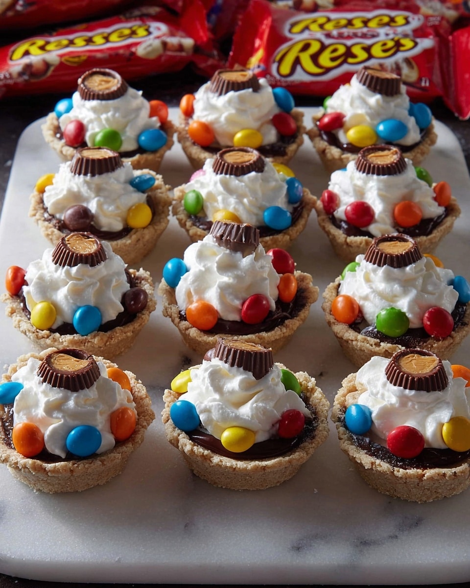 The image shows twelve small tart desserts arranged in three rows on a white marbled surface that looks like a baking tray. Each tart has a light brown crust base, filled with a dark chocolate layer. On top of the chocolate, there is a thick swirl of white whipped cream. The whipped cream is decorated with colorful round candies in red, yellow, blue, green, and orange. Each tart is also topped with a half of a small peanut butter cup candy. In the background, behind the tarts, there are some candy bags with Reese's branding visible. photo taken with an iphone --ar 4:5 --v 7