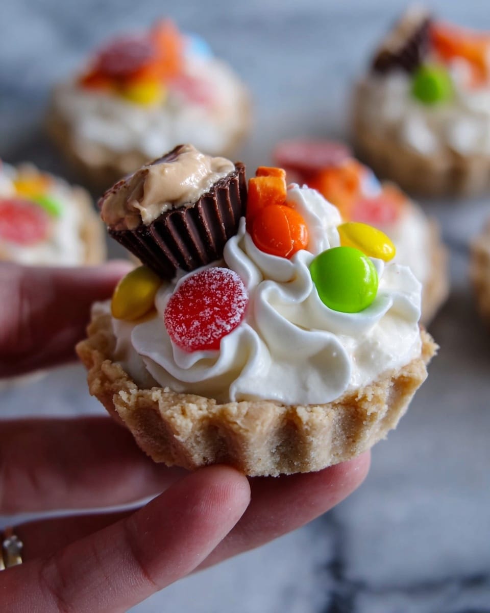 A small tart held by a woman's hand shows three clear layers: the bottom layer is a light brown flaky tart shell, the middle layer is a thick white whipped cream swirled generously, and the top layer is a mix of colorful candy pieces including a partially sliced chocolate cup with a creamy top, small red and orange candy-coated chocolates, a yellow candy, a red sugar-coated gumdrop, and a green gumdrop. The background features more tarts slightly blurred on a white marbled surface. Photo taken with an iphone --ar 4:5 --v 7