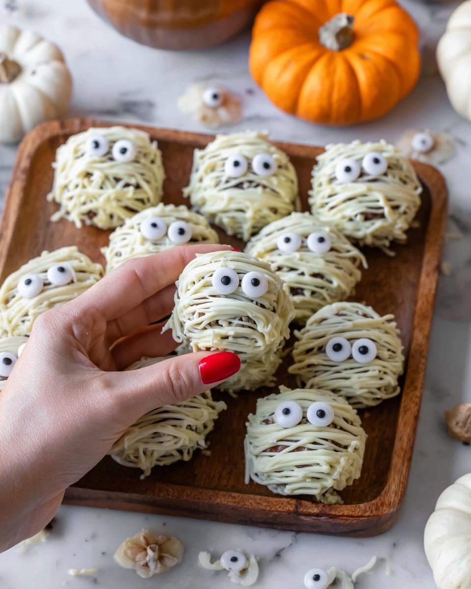 The image shows a wooden tray filled with round treats that look like little mummy faces with white chocolate drizzle wrapped around them in messy, thin layers, creating a textured look. Each treat has two white candy eyes with black dots placed near the top center. One treat is being picked up by a woman's hand with red nail polish, holding it gently between her thumb and finger. The background includes a white marbled surface with small candy eyes scattered around and a few small pumpkins in orange and white colors. Photo taken with an iphone --ar 4:5 --v 7