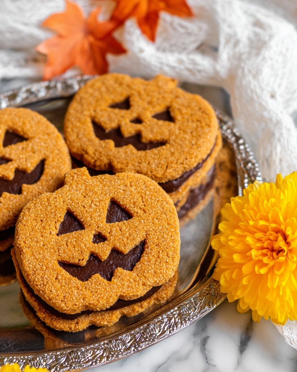 The image shows three pumpkin-shaped sandwich cookies with orange-brown textured cookie layers that have a slightly rough surface. Each cookie has two layers with a dark brown filling layer in the shape of jack-o’-lantern faces including triangular eyes and a jagged mouth. The cookies are arranged on a reflective silver tray with detailed patterns. Near the bottom right, a bright yellow-orange flower adds a vibrant touch, while the background is a white marbled texture with an orange maple leaf and white fabric softly draped in the upper left corner. photo taken with an iphone --ar 4:5 --v 7