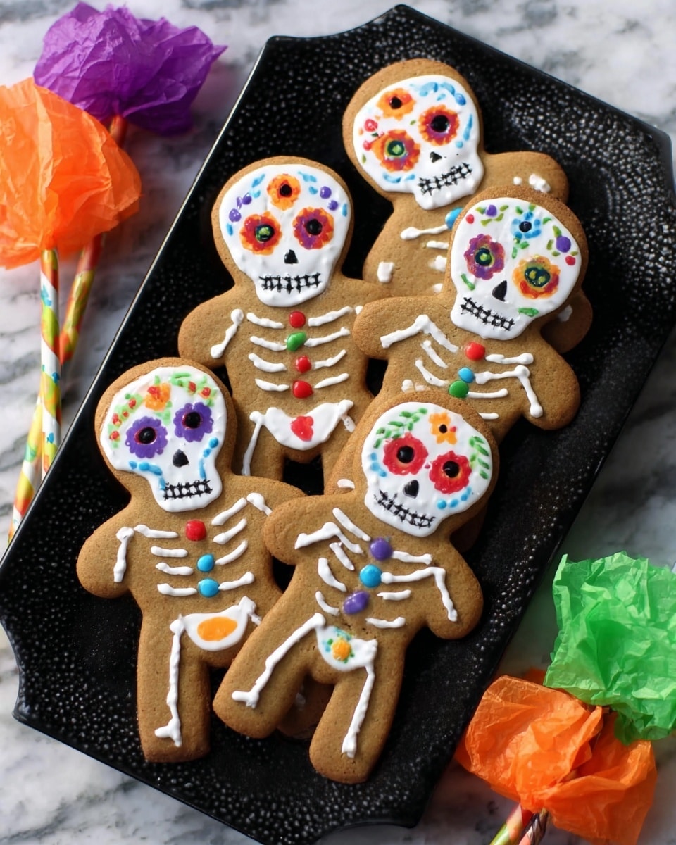 Four gingerbread cookies shaped like skeleton people lie side by side on a black textured plate. Each cookie has a white icing skull face decorated with colorful flowers and dots in red, orange, purple, and green. The bodies have white icing bones accented with small colorful dots in red, blue, green, purple, and orange, showing ribcages, arms, and legs in simple designs. The plate is placed on a white marbled surface, and in the background, there are three paper straws with bright, crumpled tissue paper flowers in orange, green, purple, and pink. Photo taken with an iphone --ar 4:5 --v 7