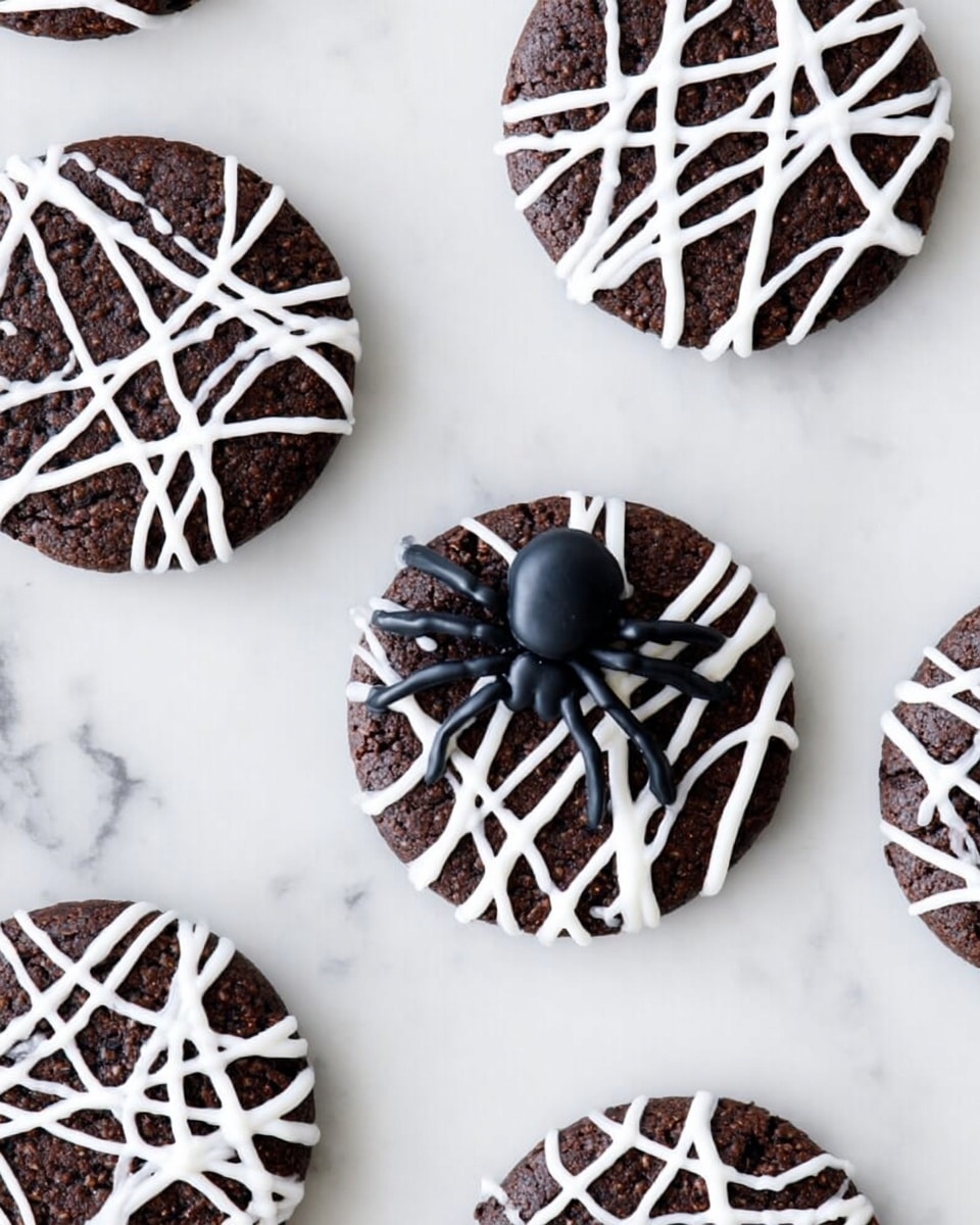 The image shows several dark brown round cookies with a textured surface, each decorated with a crisscross pattern of white icing that looks like spider webs. One cookie is placed on top of a small black plastic spider, making it appear as if the spider is coming out from under the cookie. The cookies are arranged on a white marbled surface with a clean and bright look. photo taken with an iphone --ar 4:5 --v 7