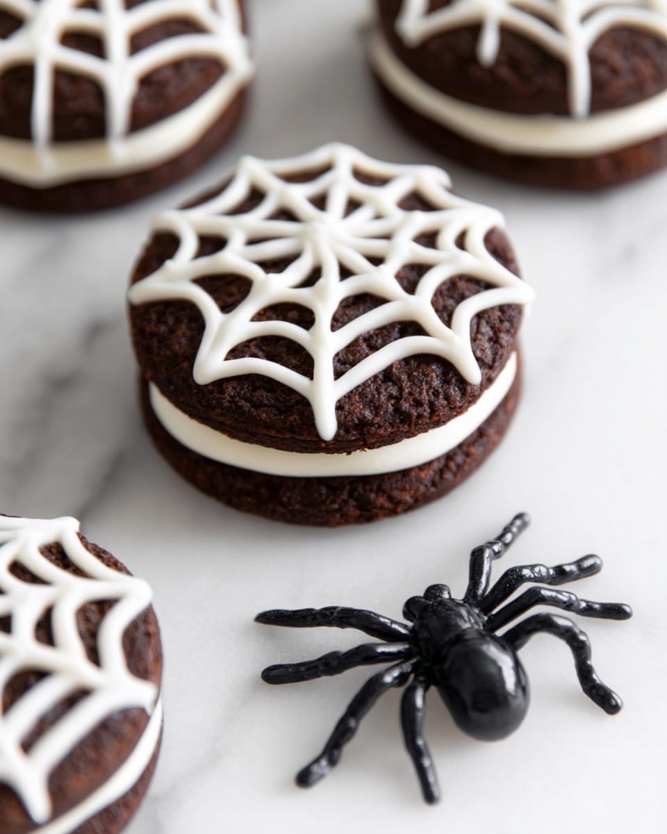 A close-up of a dark brown sandwich cookie with a layer of white cream in the middle, decorated on top with a web pattern made of white icing. The cookie rests on a white marbled surface. In front of the cookie is a black plastic spider decoration with thin legs spread out. Parts of two other decorated cookies can be seen out of focus, one in the bottom left and one in the bottom right. photo taken with an iphone --ar 4:5 --v 7