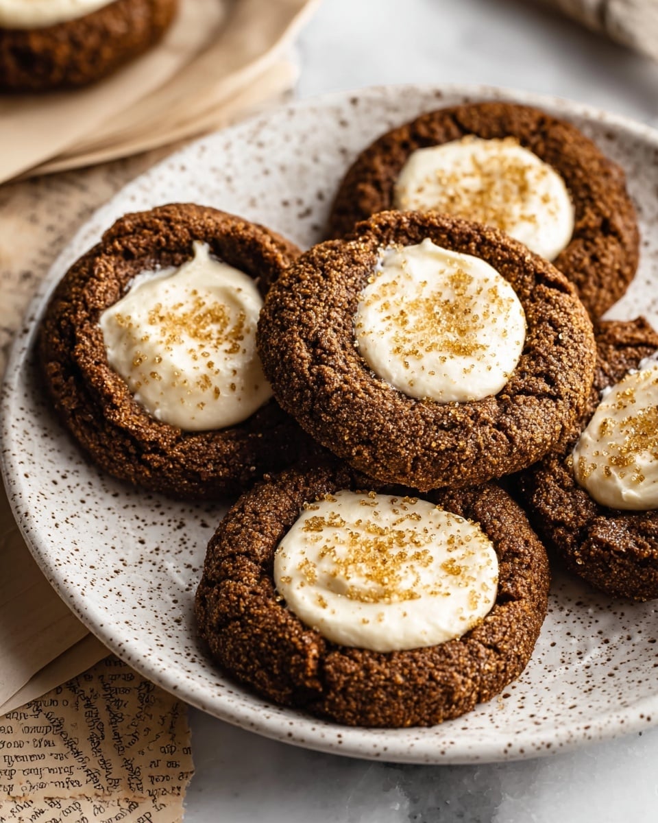 Six round cookies with a cracked texture are placed on a round wooden board. Each cookie is dark brown with a light cream circle in the center, sprinkled with a coarse brown sugar topping. One cookie has a bite taken out of it. The cookies rest on two pieces of handwritten paper with visible text. In the background, there is a small bowl filled with coarse brown sugar and the edge of a white marbled plate with black dots is partially visible. The whole scene sits on a beige surface. Photo taken with an iphone --ar 4:5 --v 7