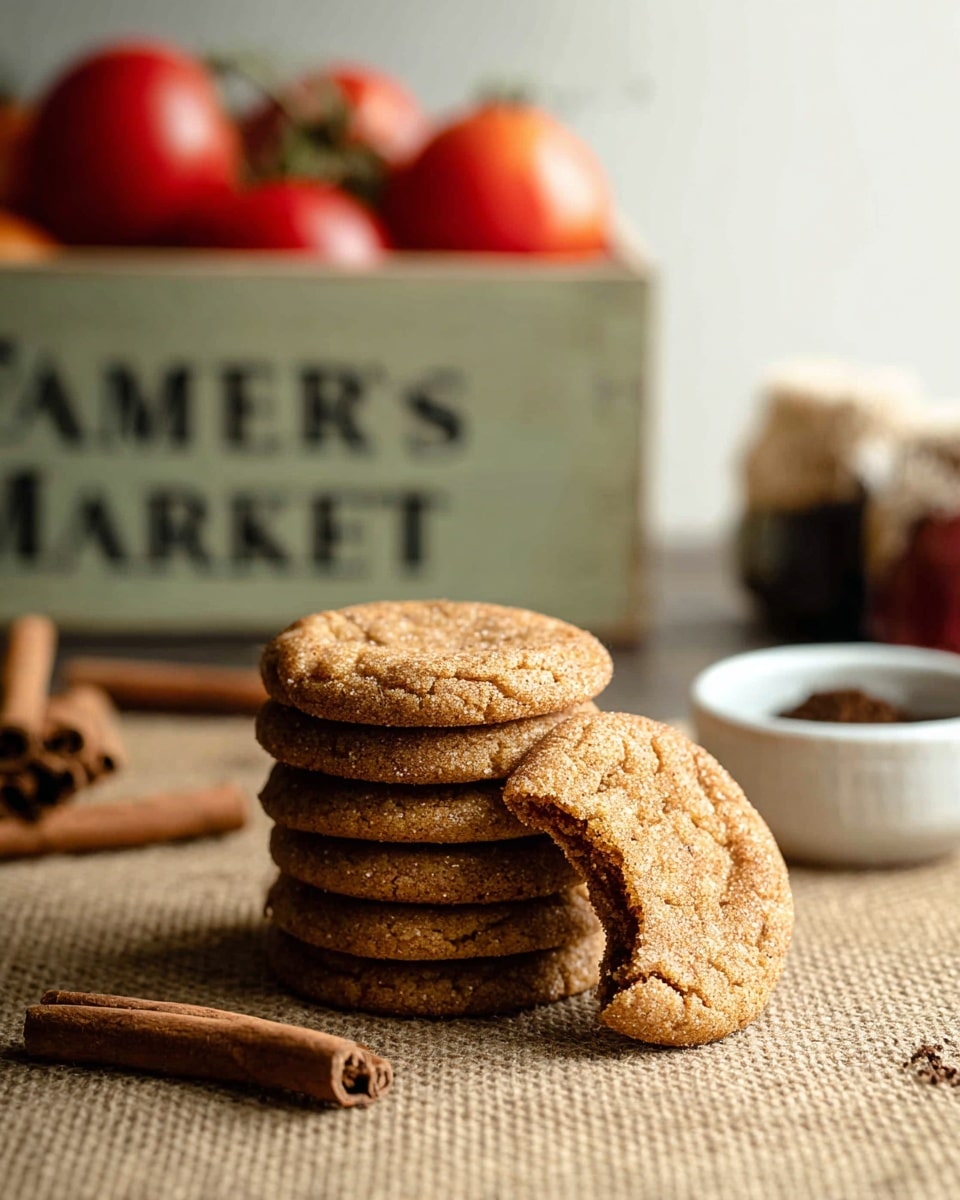 A stack of five golden brown cookies lean against each other on a textured brown surface. In front of the stack, one cookie lies flat with a bite taken out, showing its soft inside. To the side, two cinnamon sticks rest on the surface. In the background, there is a small white bowl with some dark spice or ingredient inside, and behind that, a crate with red tomatoes resting on top with lettering that says