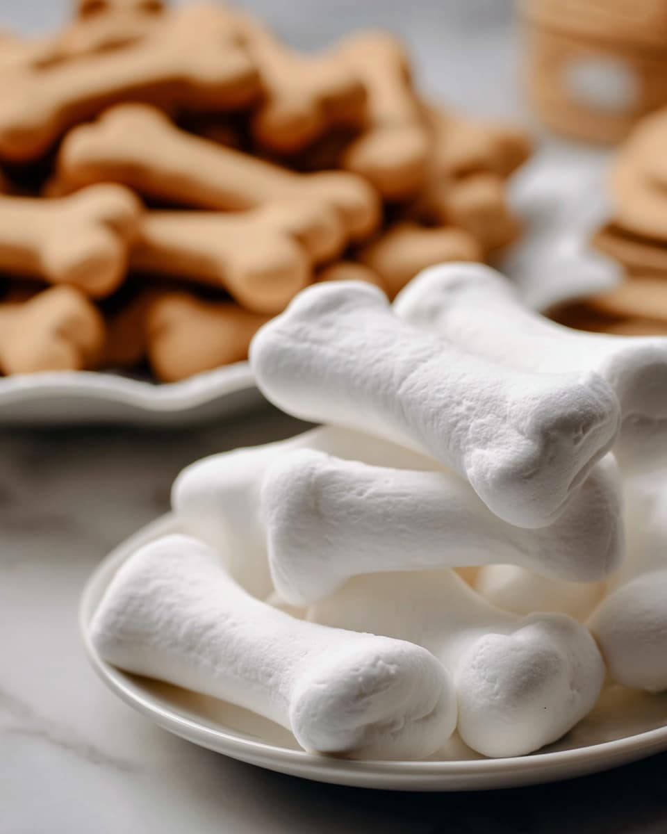 A close-up view of a white plate filled with soft, white marshmallows shaped like bones, stacked on top of each other showing their smooth and slightly rounded ends, with another plate in the background blurred and filled with light brown cookies that resemble fingers, all set on a white marbled textured surface. photo taken with an iphone --ar 4:5 --v 7