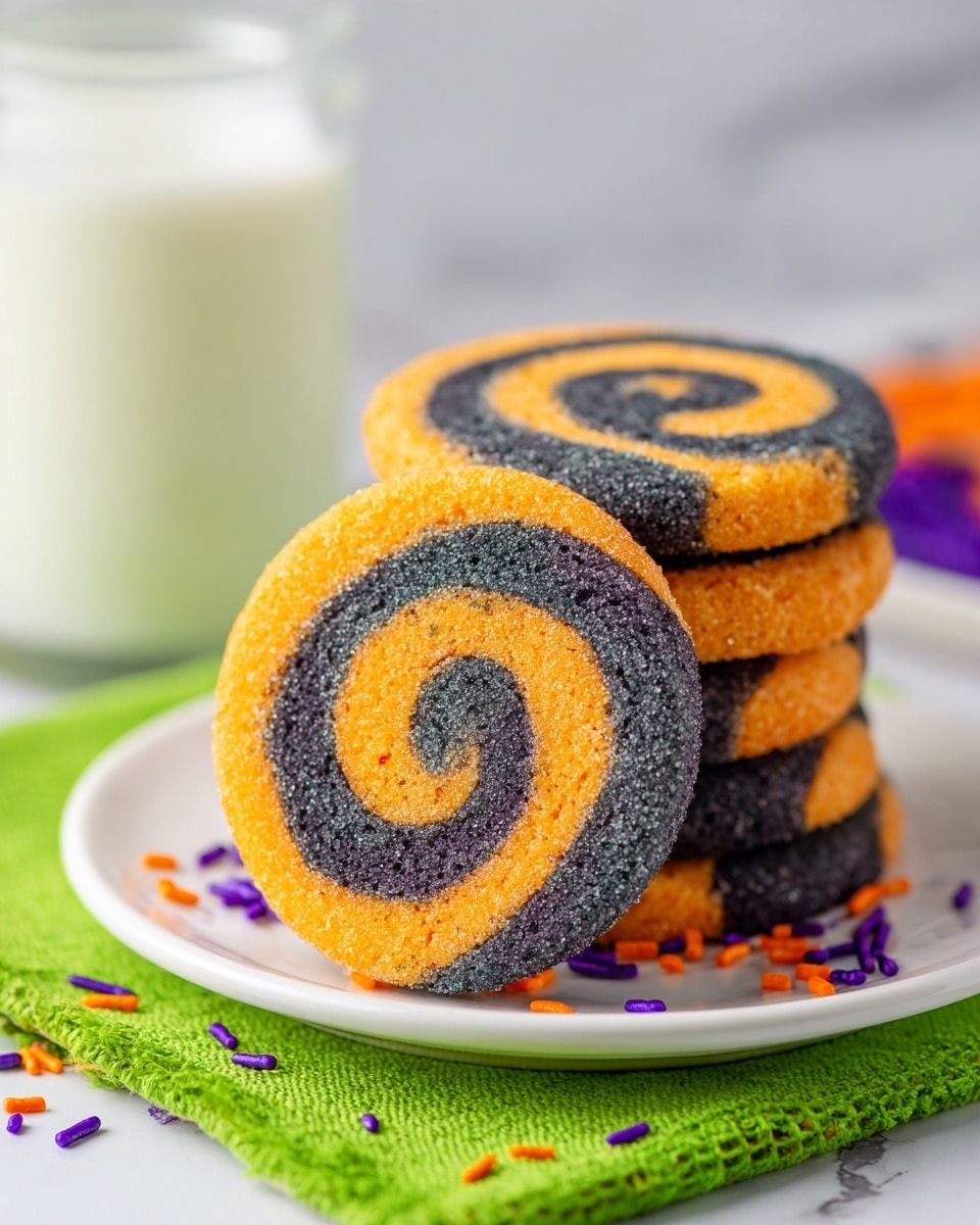 The image shows a stack of round spiral cookies on a white plate placed over a bright green cloth on a white marbled surface. Each cookie has two colors twisted together in a spiral pattern: a bright orange layer alternating with a dark grayish-blue layer. The texture of the cookies looks slightly grainy and sugar-coated, with the front cookie leaning against the stack, showing the clear swirl detail. Around the plate are small purple and orange sprinkles scattered lightly. In the blurry background, a glass jar filled with milk is softly visible. Photo taken with an iphone --ar 4:5 --v 7