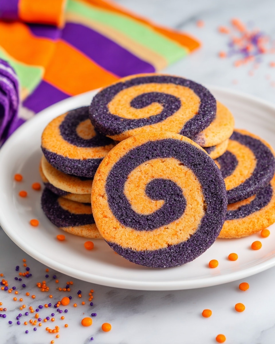 A white plate holds a neat stack of round cookies, each cookie having two spiral layers. The inner spiral is bright orange with a slightly grainy texture, perfectly wrapped by a dark purple spiral layer with a smooth, firm look. Around the plate are small orange and purple round sprinkles scattered lightly. The scene is set on a white marbled surface, with parts of a colorful cloth in green, orange, purple, and white partly visible in the background. photo taken with an iphone --ar 4:5 --v 7