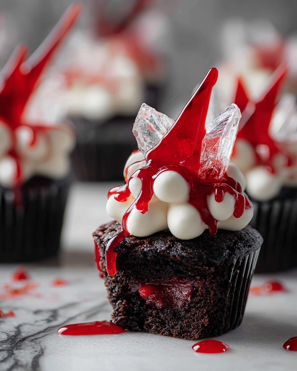 The image shows a dark chocolate cupcake with three main layers: the bottom layer is moist, dark chocolate cake with a red filling inside, the middle layer is white frosting shaped in small rounded peaks, and the top layer has clear shards decorated with red streaks placed upright. Red syrup is drizzled over the frosting and shards, some of which is dripping down the sides. The cupcake is on a white marbled surface with more cupcakes blurred in the background. Photo taken with an iphone --ar 4:5 --v 7