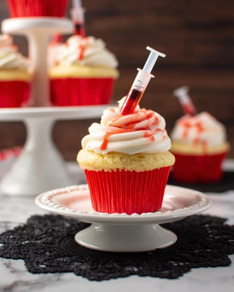 The image shows a close-up of a cupcake in a bright red liner on a white decorative plate, which rests on a black lace doily on a white marbled surface. The cupcake has two layers: a soft, light yellow cake base and a thick swirl of white frosting on top. Stuck into the frosting is a clear plastic syringe filled with red syrup, some of which drips down the frosting. In the background, there is a white tiered cupcake stand holding more cupcakes with red liners and syringes, all against a dark wooden wall. The photo is taken with an iphone --ar 4:5 --v 7