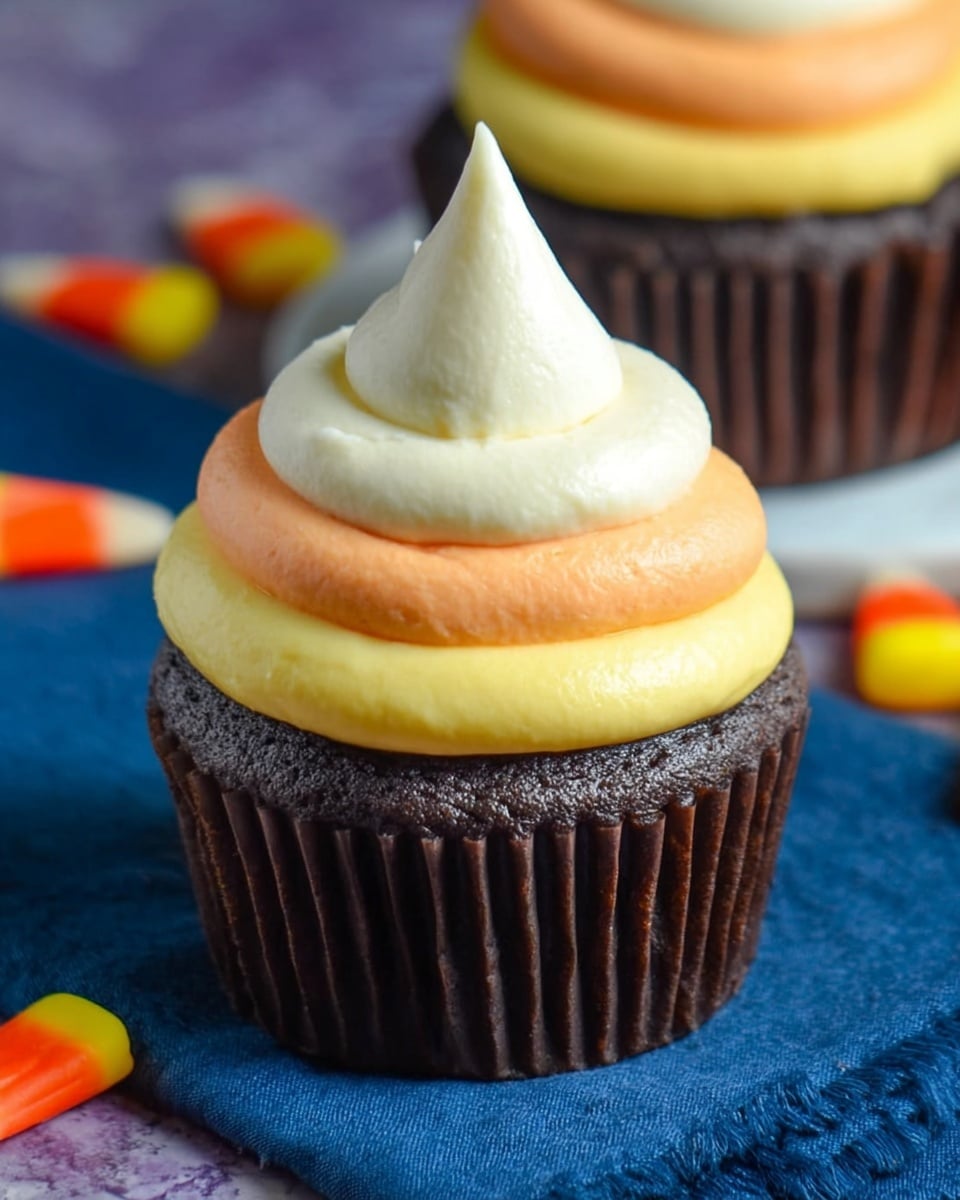 A chocolate cupcake in a dark brown liner with three layers of frosting swirled on top: the bottom layer is pale yellow, the middle layer is light orange, and the top layer is a white dollop with a slightly pointed peak. The cupcake sits on a dark blue cloth with a subtle pattern, alongside candy corn pieces and a white marbled surface partly visible in the background. Photo taken with an iphone --ar 4:5 --v 7