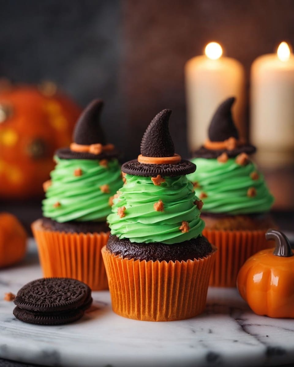 Three cupcakes sit on a white marbled surface, each wrapped in bright orange paper. The cupcakes have thick swirls of bright green frosting, stacked in three tall, smooth layers. On top of each cupcake is a small chocolate cookie with black frosting and a chocolate kiss standing upright in the center, acting like a witch’s hat. There are tiny bits of orange frosting around the base of the chocolate kiss on each cupcake. Around the cupcakes are two extra chocolate kisses and a small pumpkin on the right side. The background is softly lit with candles giving a warm glow, creating a cozy Halloween feeling. Photo taken with an iphone --ar 4:5 --v 7