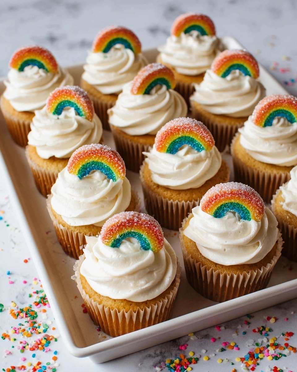 The image shows a tray filled with twelve cupcakes arranged in three rows. Each cupcake has a golden-yellow base wrapped in a light brown paper liner. On top of each cupcake is a thick layer of smooth white frosting swirled in a circular motion, forming a soft peak at the center. Nestled into the peak of the frosting on each cupcake is a small, curved rainbow candy with red, orange, yellow, green, blue, and purple stripes, dusted lightly with sugar crystals. The tray is placed on a surface with a white marbled texture, and colorful sprinkles scatter loosely around the tray's edges. Photo taken with an iphone --ar 4:5 --v 7