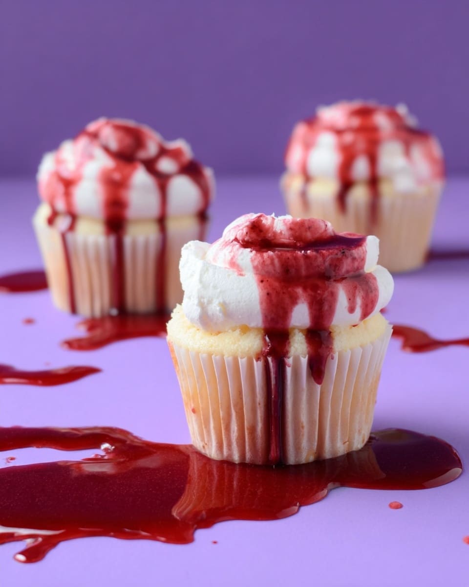 The image shows two white cupcakes placed on a white marbled surface with a light purple background. Each cupcake has one thick layer of white frosting on top, which is smooth and slightly swirled. Red sauce drips down the sides of the frosting and onto the cupcake wrappers, creating a contrast between the white and red colors. In the foreground, there is a small clear glass jar filled with red sauce. A plastic syringe filled with the same red sauce rests inside the jar, with some sauce coming out of the tip. The focus is sharp on the jar and syringe, while the cupcakes in the background are softly blurred. photo taken with an iphone --ar 4:5 --v 7
