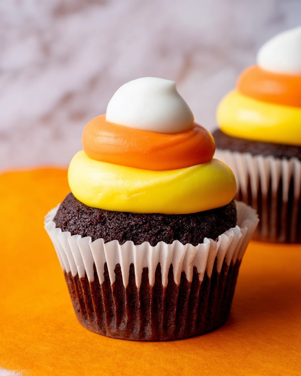 A dark brown cupcake in a white paper liner sits on an orange surface, topped with three layers of smooth frosting: a thick bright yellow base, a medium-sized bright orange middle layer, and a small white dollop on top. The cupcake is moist with a slightly rough texture, and the frosting layers are curved and soft, giving a creamy look. The background or surface is a white marbled texture. Photo taken with an iphone --ar 4:5 --v 7