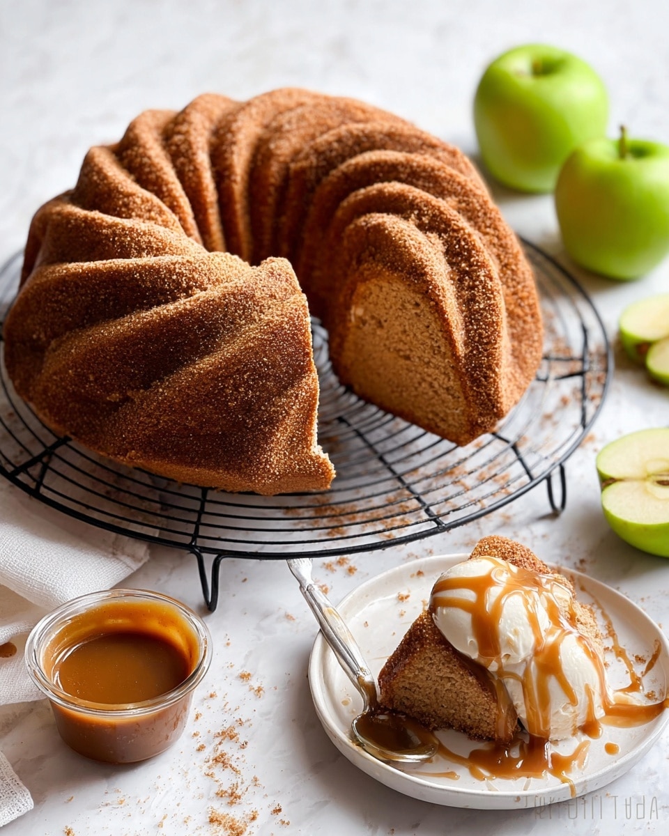 A single-layer bundt cake with a deep golden brown color sits on a cooling rack over white marbled texture. The cake has a swirl design that curls around a central hole, and it is evenly coated with a light dusting of cinnamon sugar, which adds a rough texture on top. There are some scattered cinnamon sugar bits around the cake on the rack and surface, giving it a fresh baked look. photo taken with an iphone --ar 4:5 --v 7
