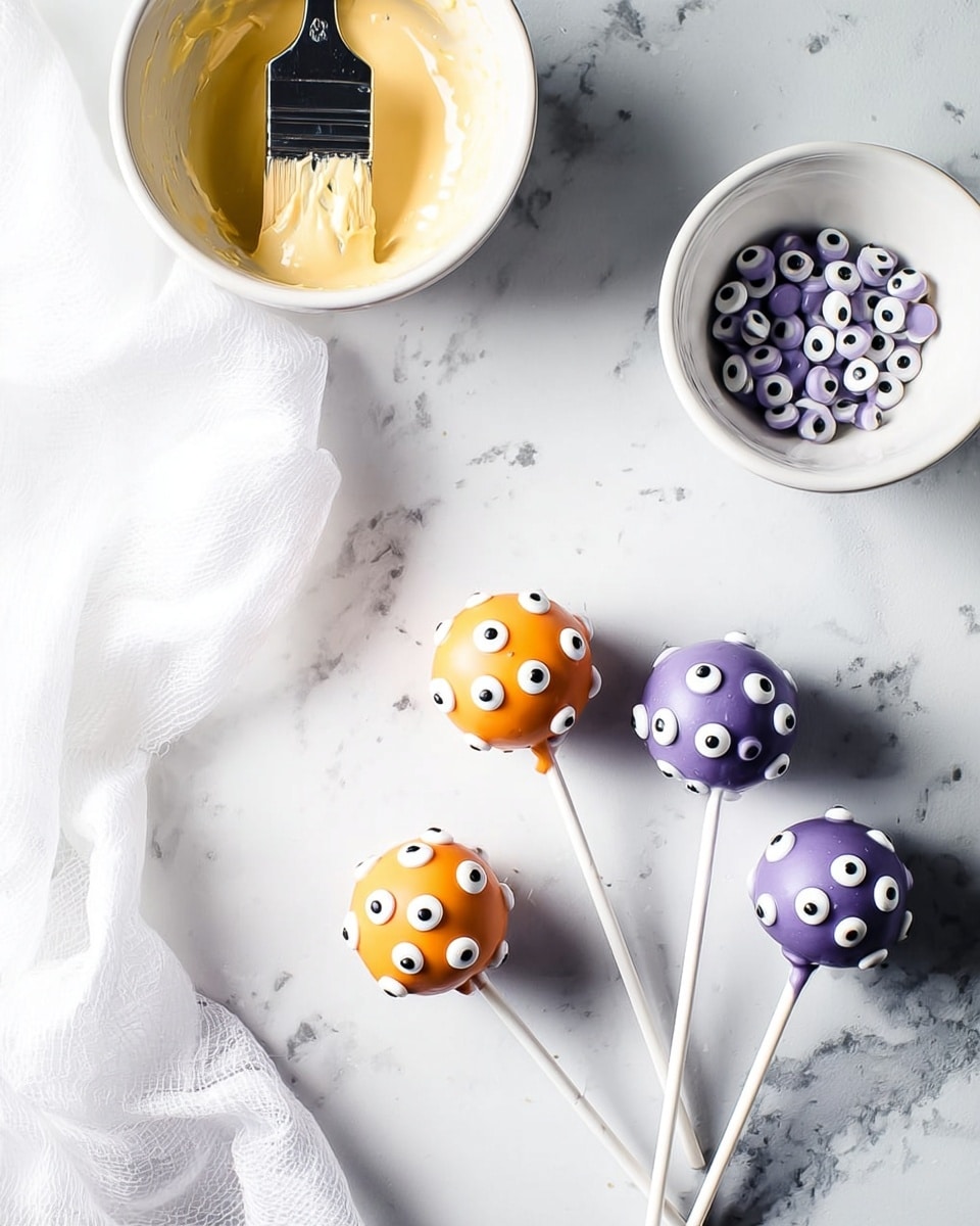 Five cake pops are arranged on a white marbled surface, three covered in purple coating and two in orange. Each cake pop is decorated with multiple small white and black edible eyes, giving a playful look. The cake pops are gathered with white sticks pointing toward the bottom. Above them, two white bowls sit on the surface: one filled with a creamy yellowish mixture with a black-handled spreading knife resting inside, and the other filled with more of the small edible eyes. A white cloth is casually placed on the left side. The scene is bright with soft shadows, set on a white marbled surface. Photo taken with an iphone --ar 4:5 --v 7