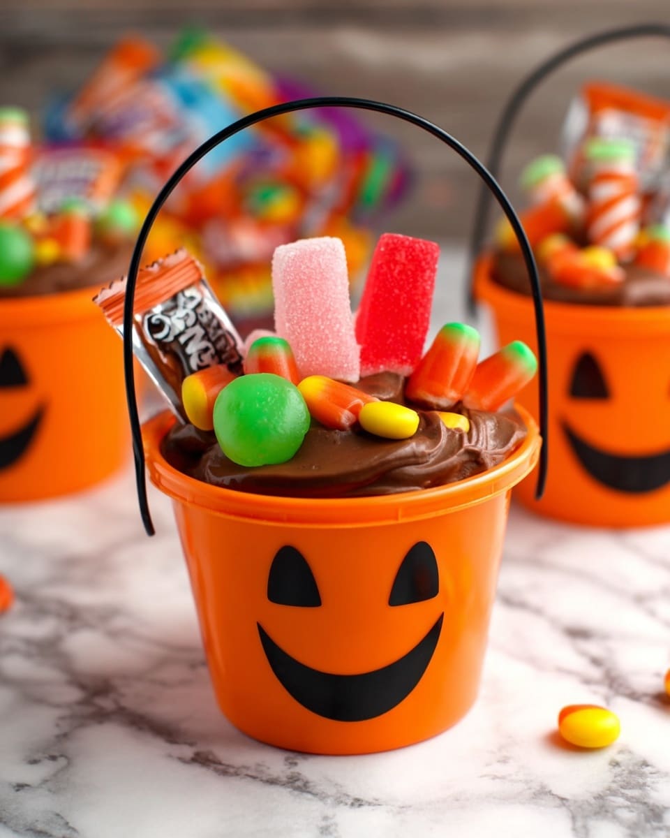 The image shows a chocolate cupcake split in half on a white wooden surface with a white marbled texture. The cupcake has a rich, dark brown color with a thick layer of smooth, swirled chocolate frosting on top. Inside the cupcake, orange and brown candy-coated chocolates spill out, creating a colorful contrast. Behind the cupcake, there are three small white buckets decorated with smiling Halloween pumpkin faces, each filled with colorful candies like pink, green, yellow, and red sweets, with a black twisted handle on each bucket. The background is dark, making the bright colors stand out. Photo taken with an iphone --ar 4:5 --v 7