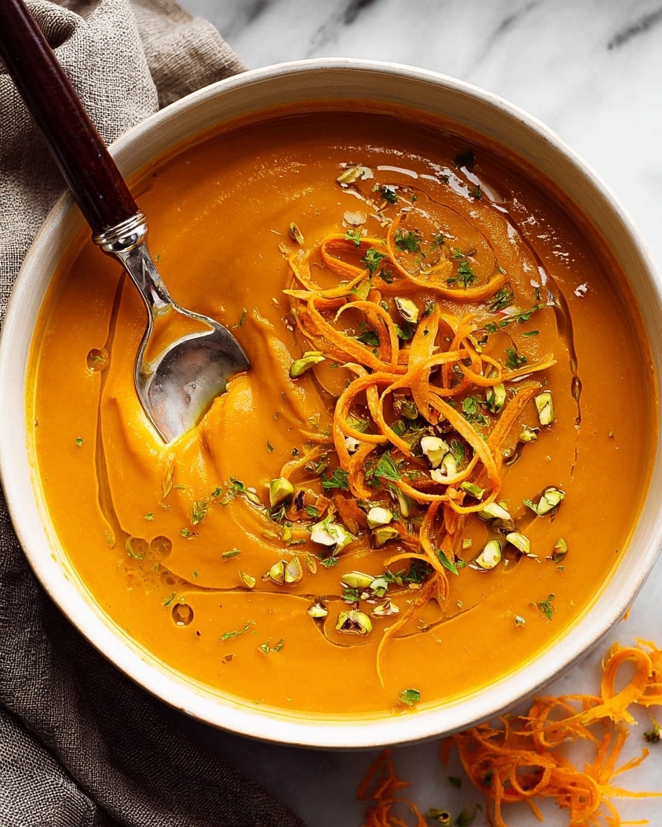A black bowl filled with thick orange soup fills most of the frame, with smooth, creamy texture. Shredded carrot strips, bright orange and slightly curly, sit on top, scattered with small pieces of crushed green pistachio nuts and tiny green herb flakes. A silver spoon scoops the soup, holding a mix of liquid and carrot strips, dipping from the left side into the bowl. The bowl rests on a crumpled gray cloth, all placed on a white marbled surface. Photo taken with an iphone --ar 4:5 --v 7