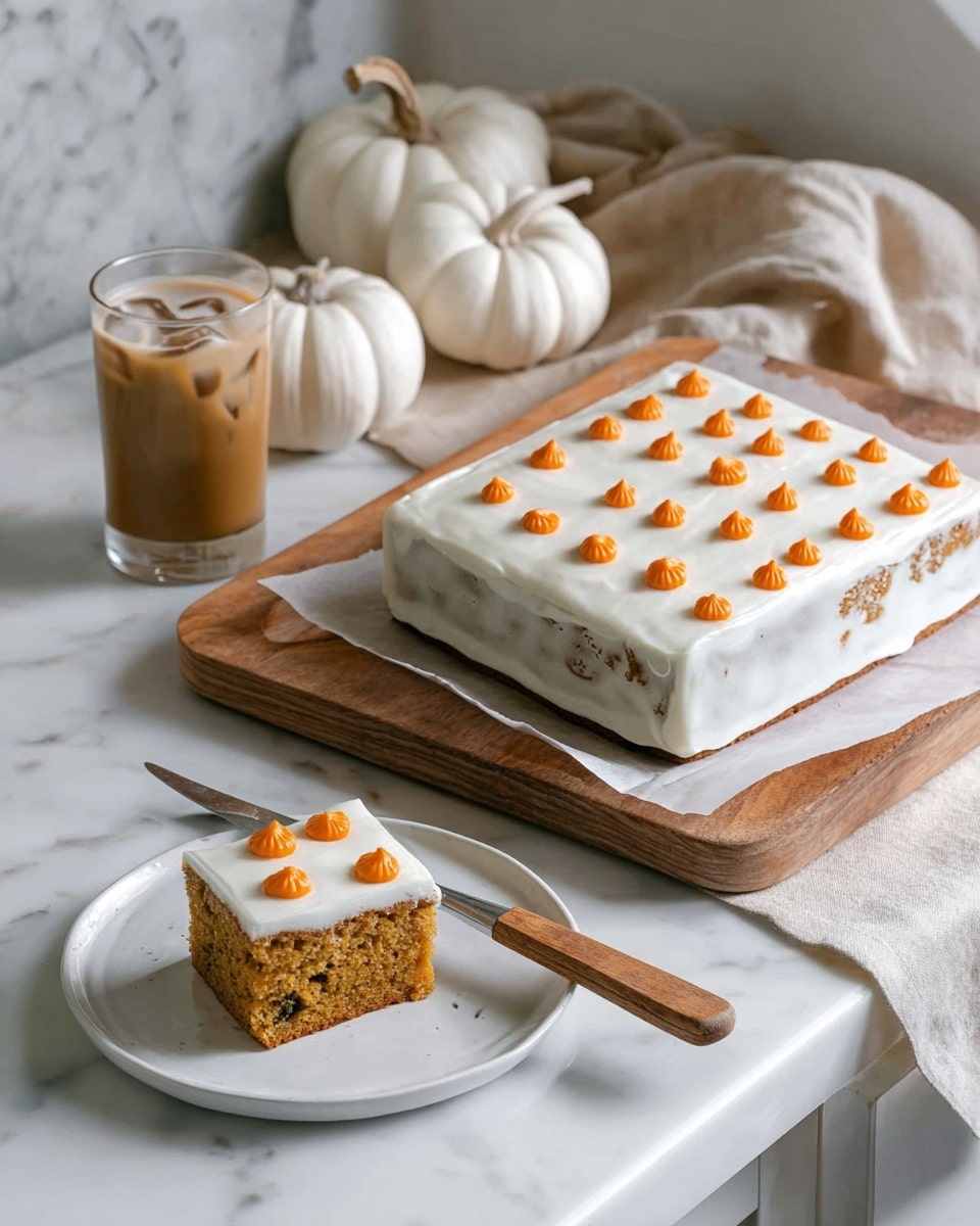 A square cake with two layers sits on a wooden board over parchment paper on a white marbled surface; the bottom layer is dark brown and looks moist, while the top layer is covered with smooth white frosting decorated with small orange pumpkin-shaped dollops evenly spaced in rows; behind the cake, there are two stacked white plates, two white-handled forks, and three small white and orange pumpkins on the white marbled counter; in the foreground, two glasses hold iced layered coffee drinks with white foam and whipped coffee topping; a knife rests beside the cake on the board; a beige cloth hangs over the edge of the counter. photo taken with an iphone --ar 4:5 --v 7