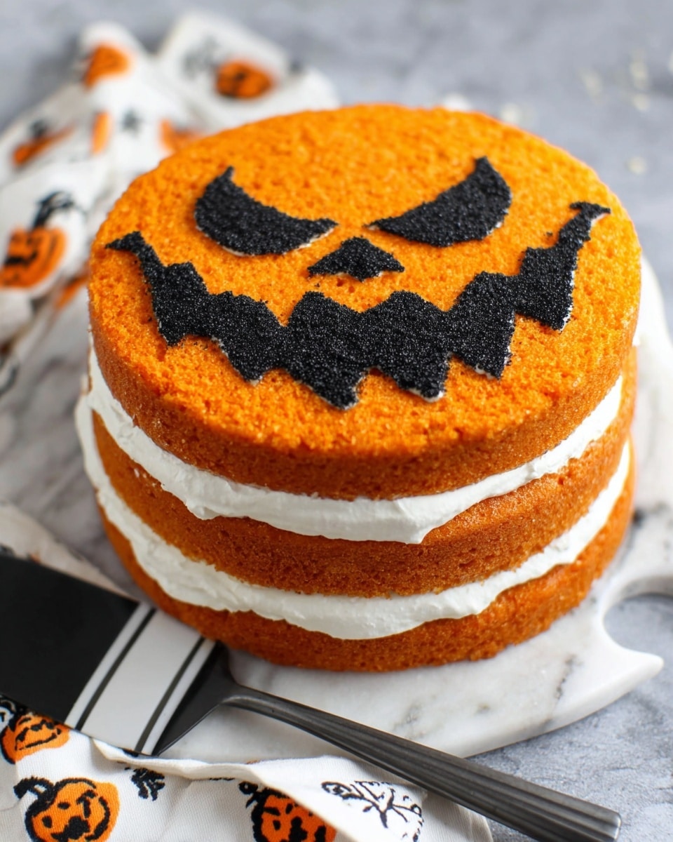 The image shows a round cake with three layers of bright orange sponge, each separated by thick layers of white cream. The top of the cake features a black decorative design resembling a spooky face or pattern. A slice has been cut from the cake and placed on a white plate in the foreground, showing the three orange layers and cream clearly. A fork is stuck into the slice, and there is a white marbled surface underneath the cake stand and plate. A white cloth with orange pumpkin faces and white measuring spoons are also seen in the background. Photo taken with an iphone --ar 4:5 --v 7