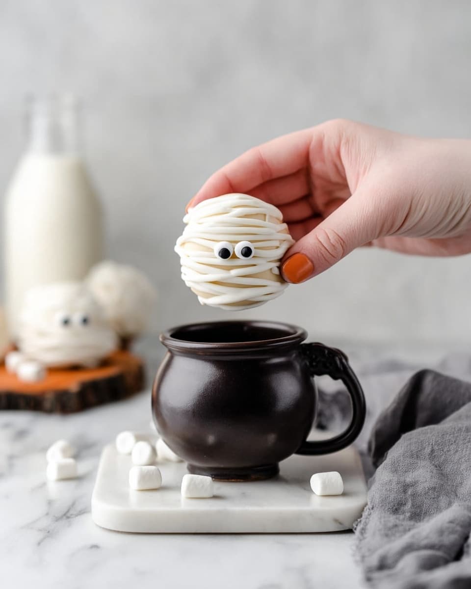 A woman's hand is holding a small round white treat decorated to look like a mummy with white icing strips and two small black-and-white candy eyes on the front. Below the hand, there is a dark brown ceramic cup with a handle, shaped like a small cauldron, sitting on a white marble board. Around the board and cup, there are small white marshmallows scattered. In the background, slightly blurred, there is another similar white mummy treat and a clear bottle of milk. The scene is set on a white marble surface with a light gray cloth draped on the right side. Photo taken with an iphone --ar 4:5 --v 7