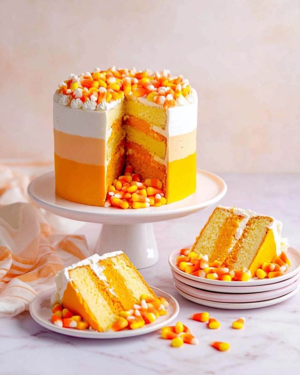 This image shows a two-layer cake with a hollow center filled with candy corn. The cake has three distinct layers inside: the top layer is light tan with a soft texture, the middle layer is a smooth white frosting, and the bottom layer is a thicker orange cake. The outside of the cake is covered with white frosting on the top and orange frosting on the sides. The hollow space inside the cake is stuffed with many candy corn pieces, which are also scattered on top of the cake, forming a ring around the edge. The cake is placed on a white plate, all set on a white marbled surface. Photo taken with an iphone --ar 4:5 --v 7