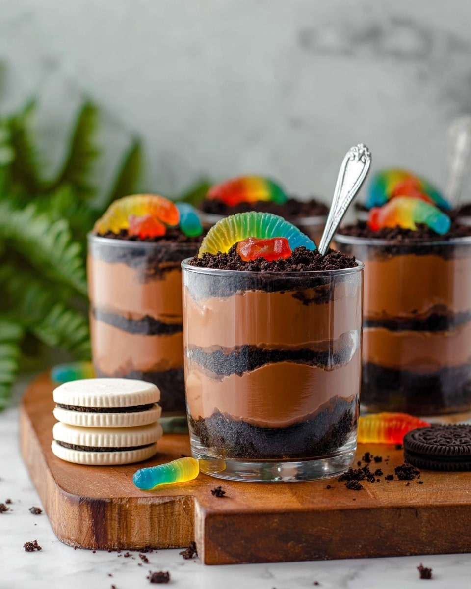 This image shows four clear glasses filled with a layered dessert. Each glass has three main layers: the bottom layer is dark and crumbly, the middle layer is smooth and light brown, and the next layer is again dark and crumbly, followed by another smooth light brown layer. On top, there is a final dark crumb layer with colorful gummy worms placed on it. The glasses sit on a wooden board, with some gummy worms and a stack of three white sandwich cookies with dark filling beside the front glass. The background is a soft, green blurred plant against a white marbled surface. A silver spoon rests in the front glass, partially inside the dessert. Photo taken with an iphone --ar 4:5 --v 7