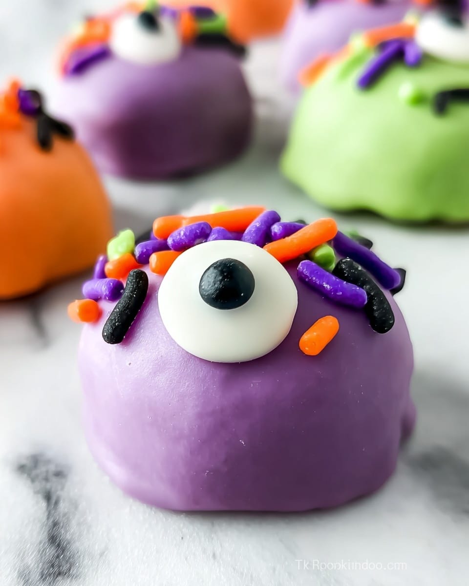 A small round treat covered in smooth purple icing forms the base layer, with a single large white candy eye with a black center placed near the top middle. On top of the purple icing, there are short candy sprinkles in multiple colors: orange, purple, green, and black, scattered to add texture and color contrast. In the background, similar treats with green and orange icing are visible, slightly blurred, on a white marbled surface. Photo taken with an iphone --ar 4:5 --v 7