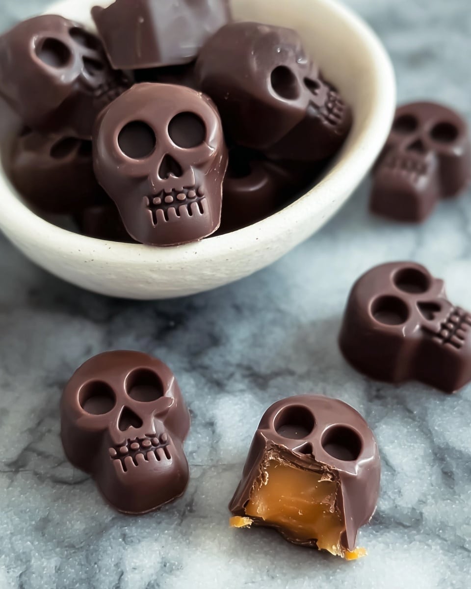 The image shows a small white bowl filled with several small chocolates shaped like skulls. The chocolates are smooth and have dark brown color with carved skull faces on the top surface. In front of the bowl, one whole skull chocolate stands on the white marbled surface, showing its detailed eye and mouth carvings. Next to it is a broken skull chocolate revealing a soft, creamy light brown caramel center oozing out, contrasting with the firm chocolate shell. The white marbled surface below adds a clean and simple background to the arrangement. Photo taken with an iphone --ar 4:5 --v 7