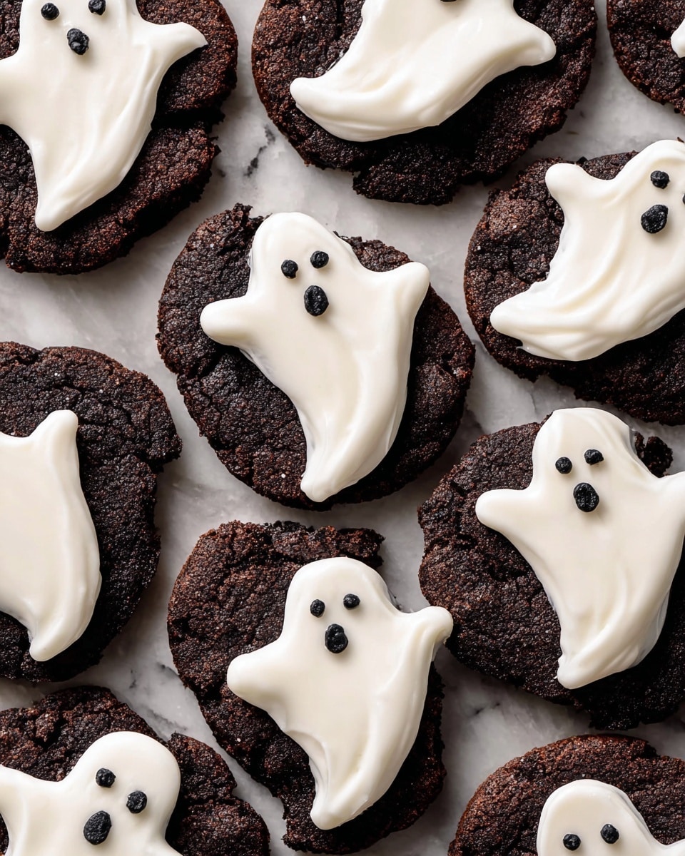 There are dark black cookies with a rough, cracked texture placed on a wood surface. Each cookie has a layer of smooth white icing shaped like a ghost on top, with three small black dots on the ghost for eyes and mouth. One cookie in the front has a bite taken out of it, showing a soft interior. The cookies are arranged close to each other but not overlapping. photo taken with an iphone --ar 4:5 --v 7
