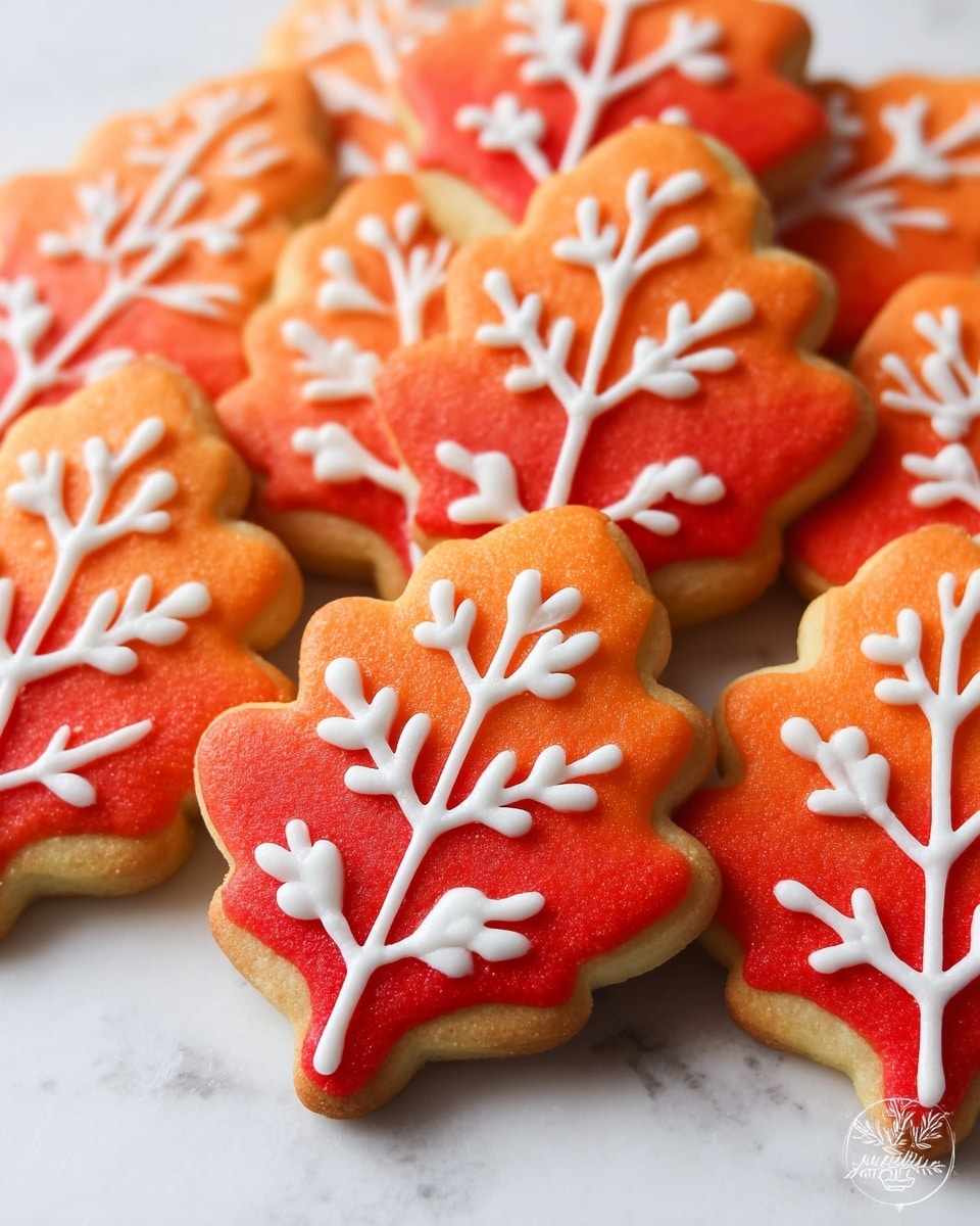 A group of leaf-shaped cookies with two layers, the bottom layer is a soft orange color and the top layer has bright red and orange blending together, creating a warm gradient. On top of each cookie, there is a white icing pattern shaped like a simple branch with small rounded tips, neatly piped in the middle and spreading outwards. The cookies are placed close together on a white marbled surface, showing their slightly crisp edges and smooth icing details. photo taken with an iphone --ar 4:5 --v 7