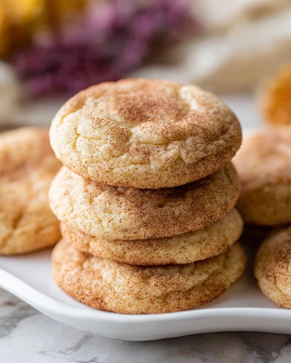 A close-up of five soft cookies stacked on a white plate with a curved edge design, each cookie is light brown with a dusting of cinnamon sugar giving them a speckled look, the cookies have a slightly cracked, chewy texture showing a mix of smooth and rough surface, the background is a blurred white marbled texture with warm hints of purple and yellow colors in the distance, photo taken with an iphone --ar 4:5 --v 7