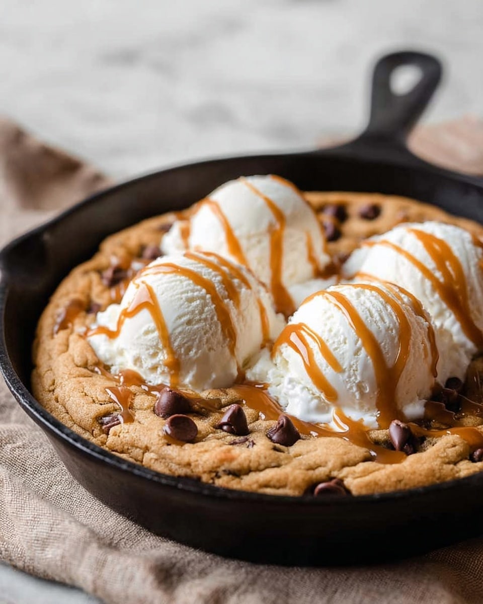 A black skillet holds a warm, golden-brown cookie with chocolate chips scattered across its surface, slightly melted. On top of the cookie, there are three scoops of white vanilla ice cream, each evenly spaced and rounded. Light brown caramel sauce is drizzled over the ice cream, creating thin, wavy lines that contrast with the smooth texture of the ice cream. The skillet is on a neutral-colored cloth, with a white marbled background subtly visible behind it. photo taken with an iphone --ar 4:5 --v 7