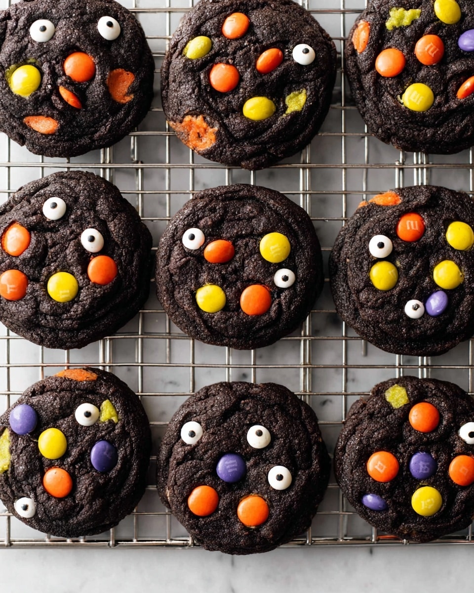 Nine dark chocolate cookies are arranged in three rows on a silver cooling rack placed over a white marbled surface. Each cookie has a rough, cracked texture with bright colorful candy pieces embedded on top. The candies are mainly orange, yellow, and purple round M&M-like pieces along with small white eyeball-shaped candies scattered evenly across each cookie. The cookies are thick and round with a deep rich black-brown color, and the contrast between the dark cookie and the bright candy pieces makes them stand out clearly. photo taken with an iphone --ar 4:5 --v 7
