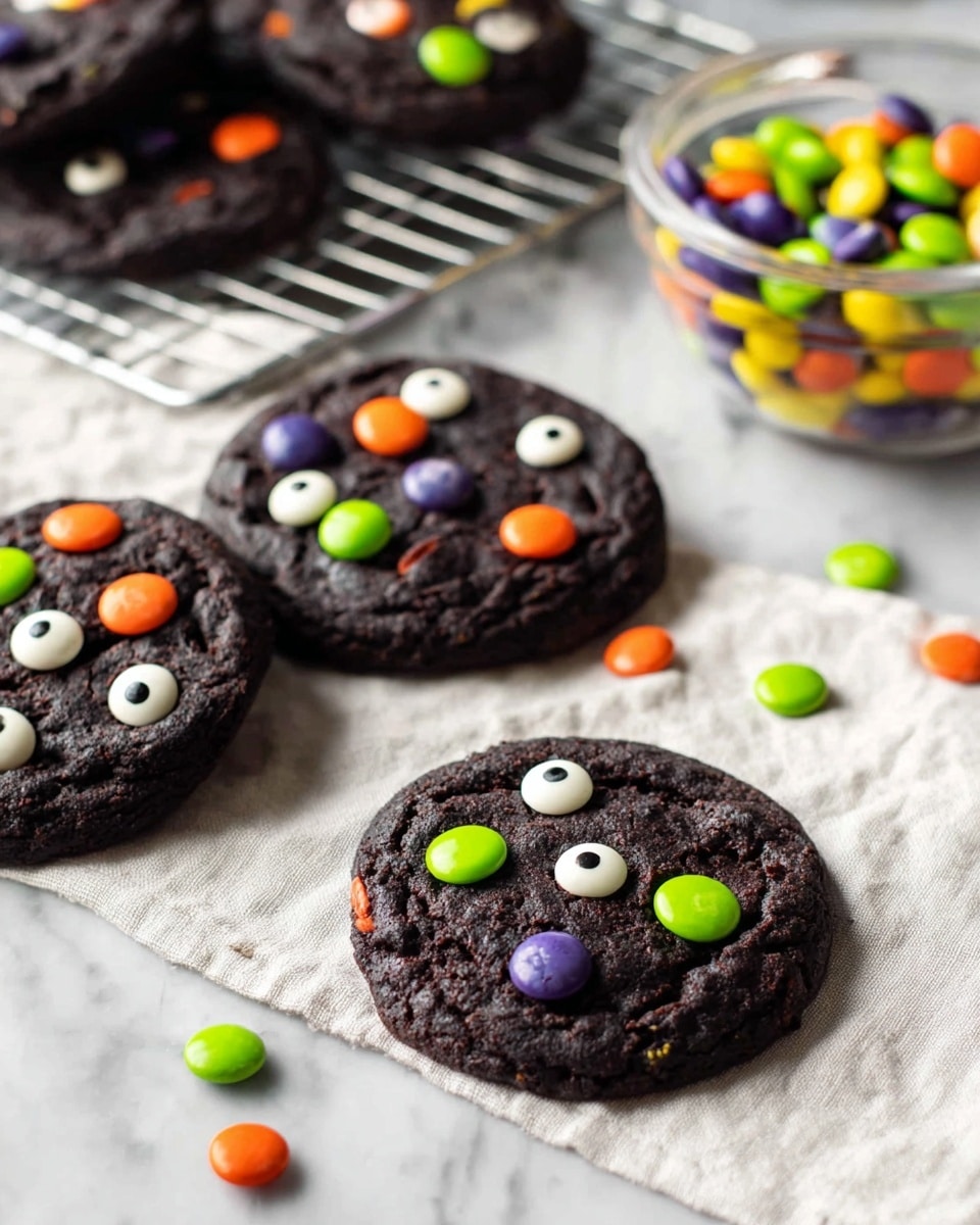 The image shows several round, dark chocolate cookies with a rough and slightly cracked texture, laid out on a light cloth over a white marbled surface. Each cookie is decorated with colorful candy-coated pieces in bright green, orange, purple, and some candy eyes in white with black pupils, scattered both on the cookies and around them on the cloth. In the background, more cookies rest on a cooling rack, and a clear glass bowl filled with more of the colorful candies and candy eyes is placed on the side. The colors contrast sharply with the dark cookie base, creating a playful and fun look. Photo taken with an iphone --ar 4:5 --v 7