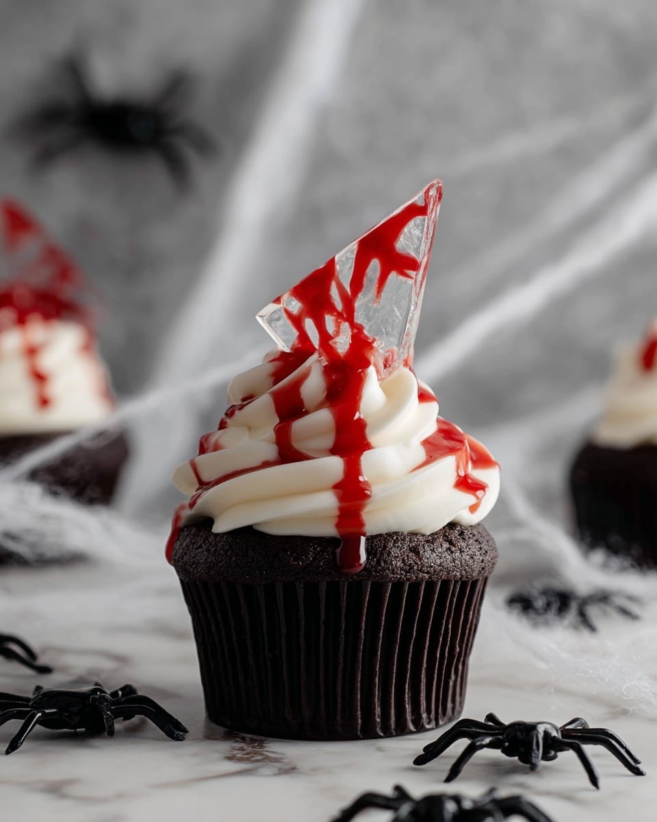 A dark chocolate cupcake forms the base, topped with thick, white swirled frosting that has a smooth, creamy texture. Drizzled bright red syrup streaks down the frosting in uneven lines. A large, clear shard of candy with red swirls sticks upright into the center of the frosting, adding height and sharp angles. The cupcake is placed on a white marbled surface, with faux spider webs and tiny black plastic spiders hanging and scattered around, creating a spooky Halloween feel. Photo taken with an iphone --ar 4:5 --v 7