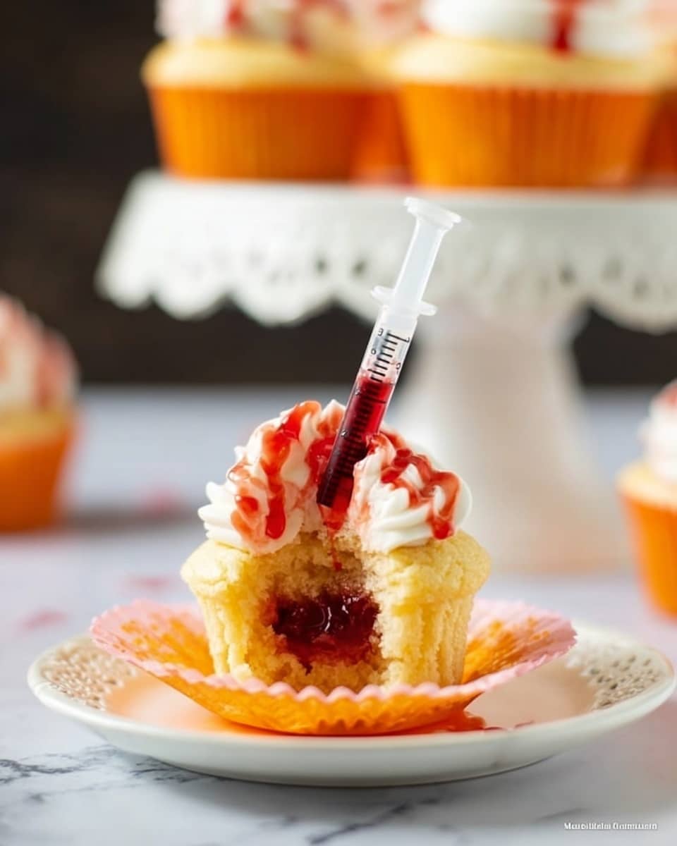 A white plate with delicate lace edges holds a yellow cupcake wrapped in an orange liner, with its top cut off and placed back, showing a red jelly center oozing out. A syringe filled with red jelly is inserted in the middle of the cupcake, with white cream swirled around the opening, drizzled lightly with more red jelly. In the background, blurred cupcakes rest on a white cake stand, all set against a white marbled surface. photo taken with an iphone --ar 4:5 --v 7
