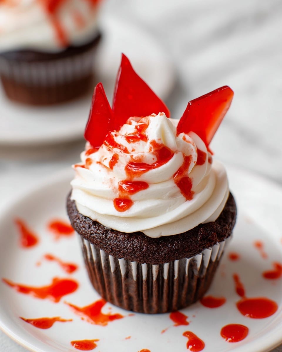 A chocolate cupcake with one thick layer of smooth, white frosting swirled on top, decorated with three sharp, translucent red candy shards sticking out at different angles. There are drops of bright red syrup splattered on the frosting and the white plate beneath. The cupcake sits on a white plate against a white marbled background. photo taken with an iphone --ar 4:5 --v 7