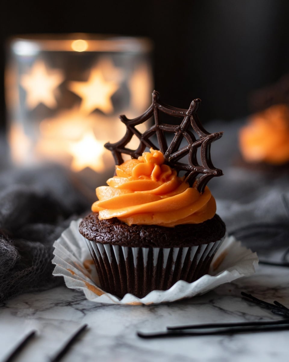 A dark chocolate cupcake with a thick, dark brown base in a black and white striped paper liner holds a swirl of bright orange frosting on top. The frosting is creamy and smooth, layered in a tall spiral that tapers to a peak. Sitting upright in the frosting is a delicate, dark brown chocolate decoration shaped like a spider web, adding height and texture to the cupcake. The cupcake is placed on a metal cooling rack against a dark blurred background with a white marbled texture surface. Photo taken with an iphone --ar 4:5 --v 7
