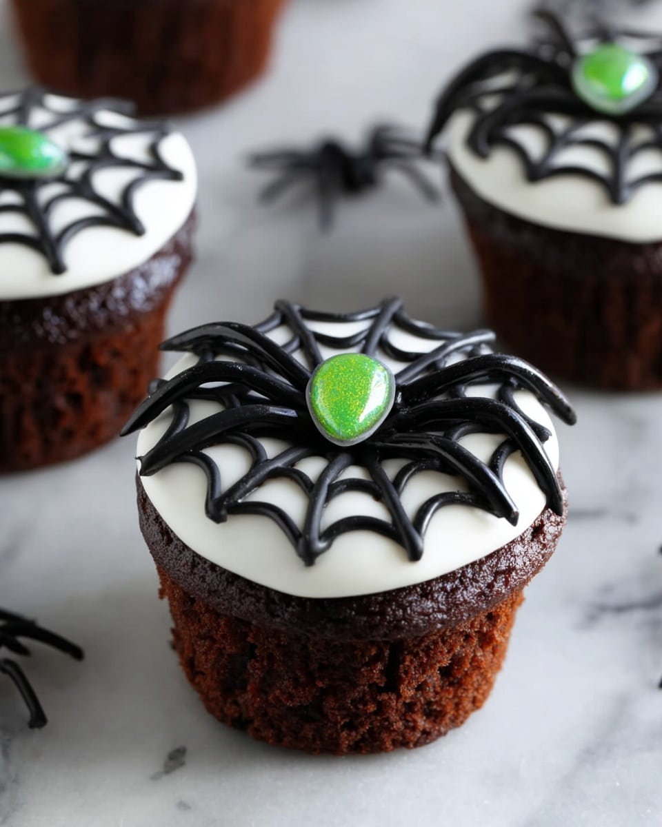 A chocolate cupcake with dark brown sponge as the base, topped with a smooth layer of white icing shaped like a spider web with thick black icing lines. On the center of the web, there is a shiny green candy giving the look of a spider body, with thin black licorice pieces arranged to look like spider legs extending outward. The cupcakes sit on a white marbled surface, with a few more cupcakes and similar spider decorations visible in the background. photo taken with an iphone --ar 4:5 --v 7