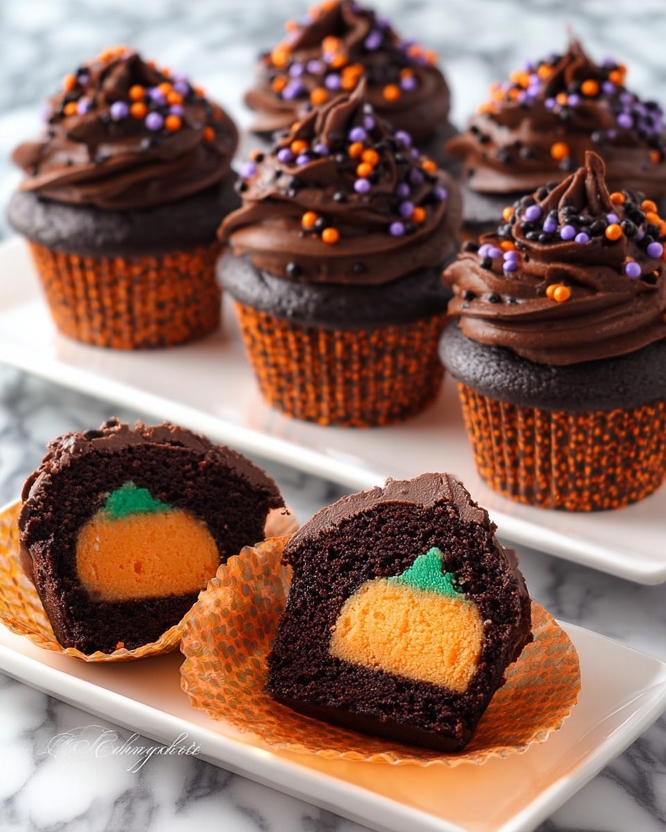 The image shows several chocolate cupcakes with three main layers each: a dark brown chocolate base with a soft texture, topped by a swirl of rich, dark chocolate frosting decorated with small round sprinkles in orange, purple, and black. One cupcake is cut in half, revealing an orange pumpkin-shaped layer in the center with a small green section at the top, resembling a pumpkin stem. All cupcakes are in orange and black patterned cupcake liners, set on a white rectangular plate and a white round plate, with a white marbled surface beneath. Photo taken with an iphone --ar 4:5 --v 7