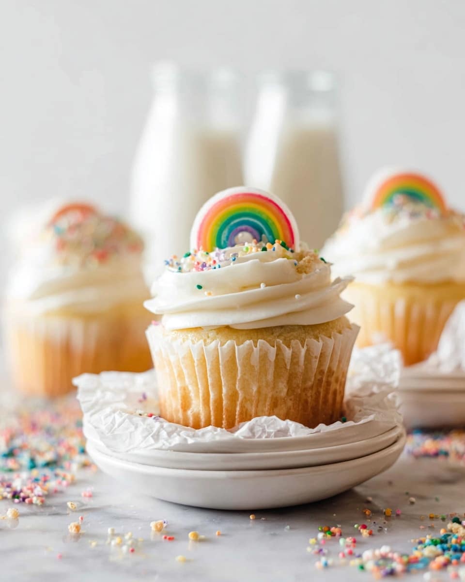 A close-up of three cupcakes with light yellow cake bases and white creamy frosting swirled smoothly on top. Each cupcake is decorated with a small rainbow candy strip arched over the frosting. The front cupcake sits on a stack of three white plates with crumpled white paper around its base. Colorful sprinkles and crumbs are scattered on the white marbled surface below, with two blurred glass milk bottles in the background. The whole image is bright and soft-focused, highlighting the cupcake in the front. photo taken with an iphone --ar 4:5 --v 7