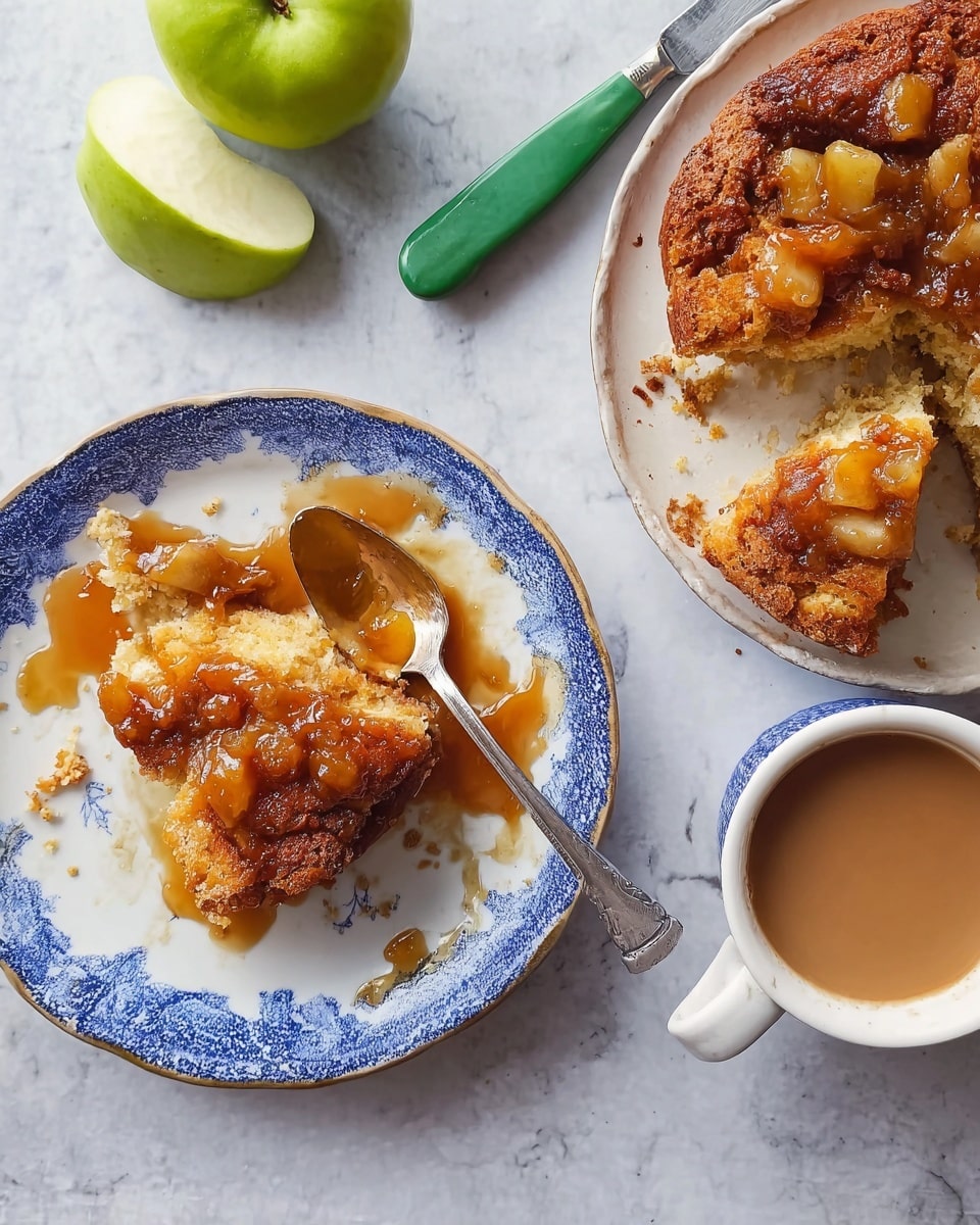 A round monkey bread sits on a white plate on a white marbled surface. The bread is golden brown with a shiny, sticky glaze covering small, soft dough pieces clustered together in a ring shape. One piece is pulled slightly away, showing the light, fluffy inside and small bits of cinnamon sugar scattered around. Next to the plate is a white cup filled with light brown coffee and a small green-handled knife. A blue napkin with white patterns lies beside the plate. Photo taken with an iphone --ar 4:5 --v 7