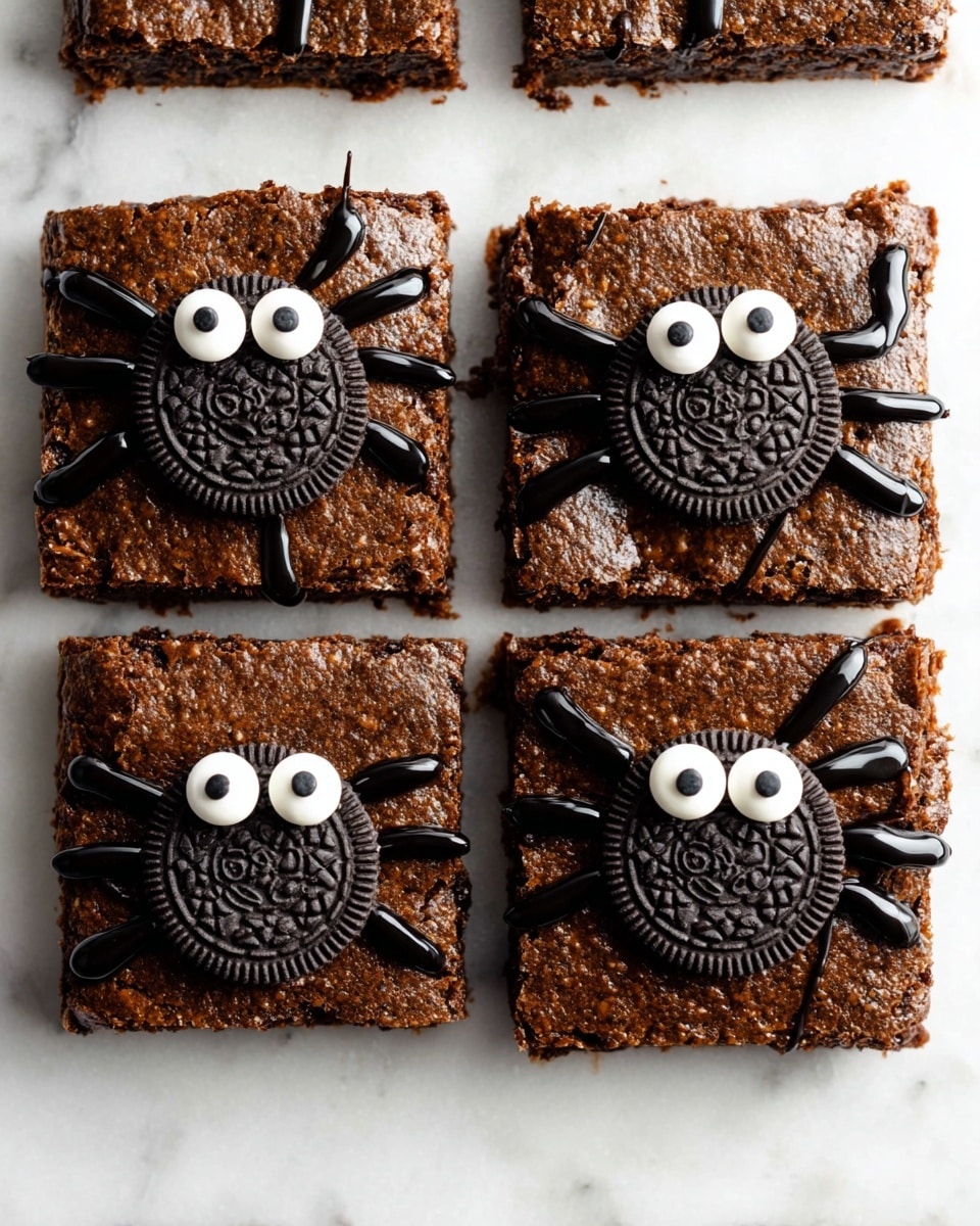 Four square chocolate brownies are laid out on a white marbled surface in a 2x2 grid. Each brownie has one round black cookie placed in the center as the top layer. The cookie has two small white candy eyes with black centers placed near the top, giving a cute spider-like look. Black thick syrup is drizzled around the cookie edges, resembling spider legs, with three legs on each side of the cookie. The brownies have a dark brown, textured surface, looking moist and dense. photo taken with an iphone --ar 4:5 --v 7