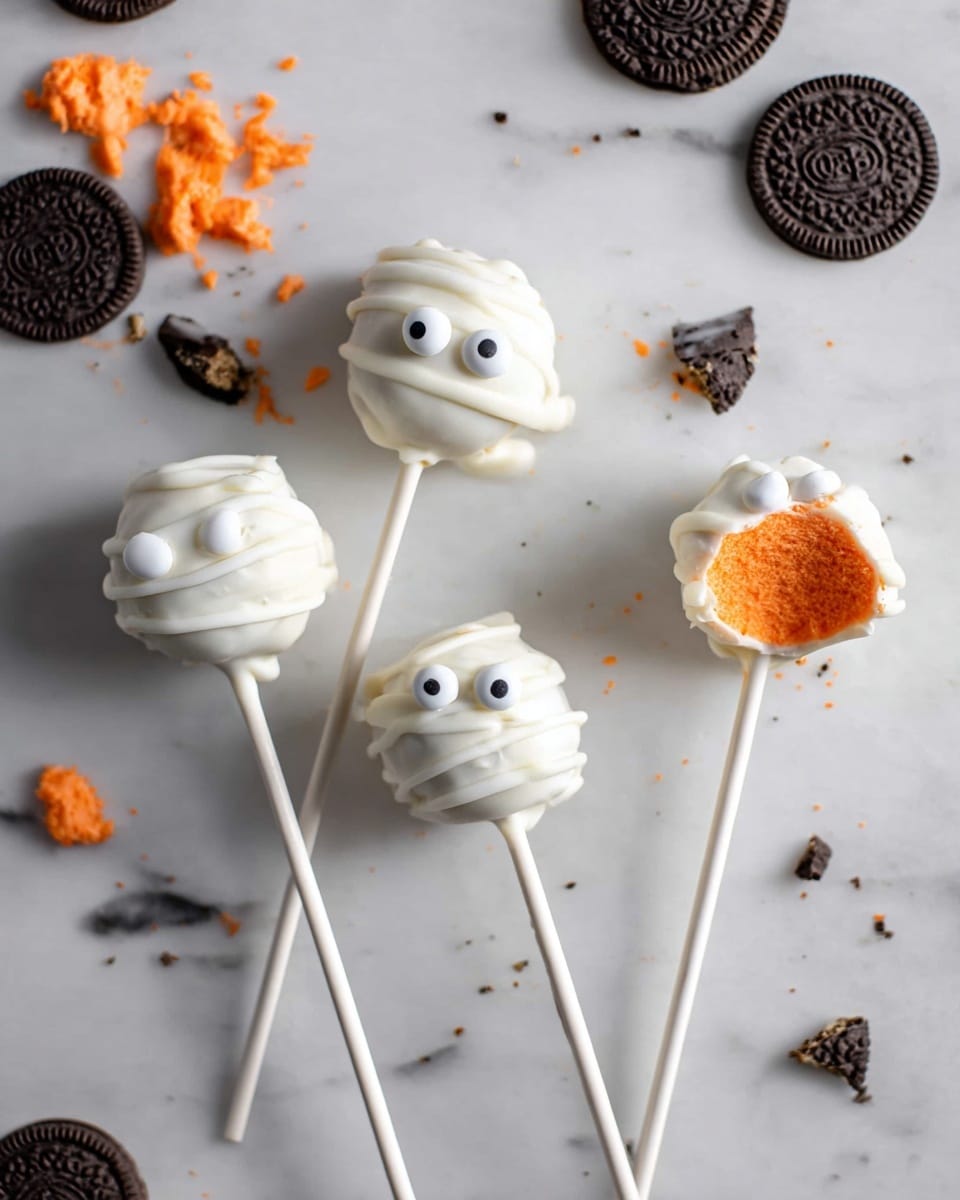 This image shows a close-up of cake pops designed like mummies. Each cake pop is coated in smooth white chocolate and decorated with thin white chocolate stripes wrapped around like bandages. Two small round white candy eyes with black centers are placed near the top center of each pop, giving them a cute and playful look. The cake pops stand upright on white sticks which are stuck into a brown cardboard surface with a black barcode printed on it. The background is simple with a white marbled texture, keeping the focus on the cake pops. photo taken with an iphone --ar 4:5 --v 7